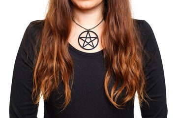 Brown hair girl wearing a large pentagram necklace