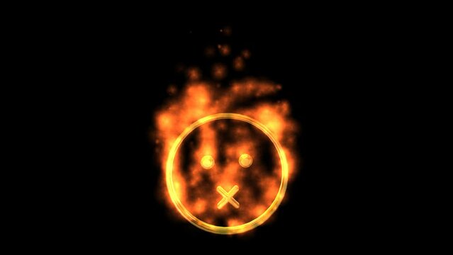 Emotion Icon - "Quiet Face" with fire particles in chaotic motion, Alpha Channel. 3D Render