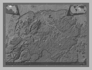 Labe, Guinea. Grayscale. Labelled points of cities