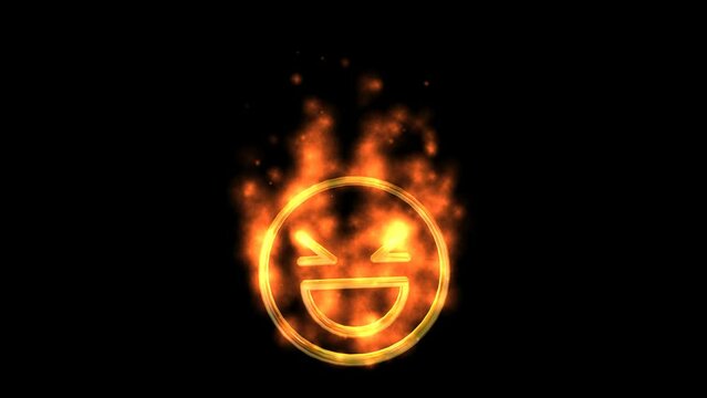 Emotion Icon - "Laughing Face" with fire particles in chaotic motion, Alpha Channel. 3D Render