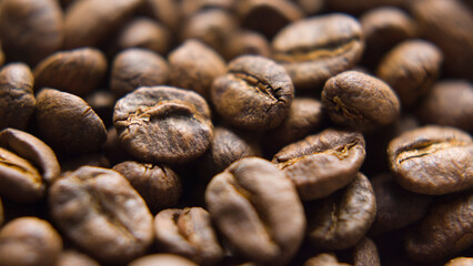 Close up macro coffee beans detailed roasted grains texture bokeh