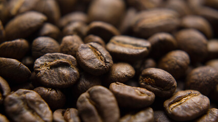 Close up macro coffee beans detailed roasted grains texture bokeh