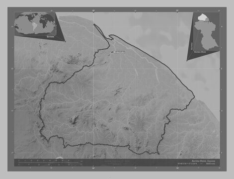 Barima-Waini, Guyana. Grayscale. Labelled points of cities