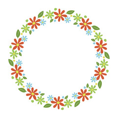 Floral circular frame isolated on white background. Cute flowers circle frame. Vector illustration