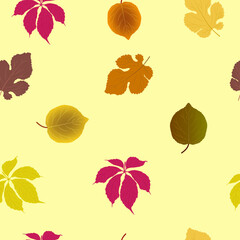 Seamless pattern with autumn leaves on a light yellow background for textile, fabric, paper, cover and gift wrapping.