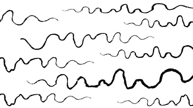 Abstract doodle, twisted curved lines, black handwritten shapes, cartoon style animation.