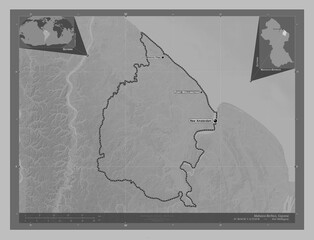 Mahaica-Berbice, Guyana. Grayscale. Labelled points of cities