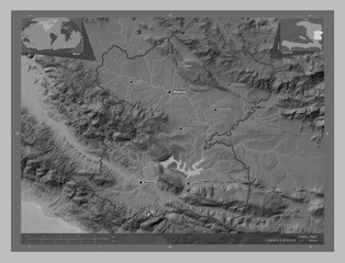 Centre, Haiti. Grayscale. Labelled points of cities