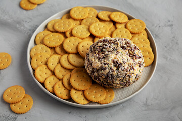 Homemade Cheese Ball with Cream Cheese and Green Onions on a Plate, side view.