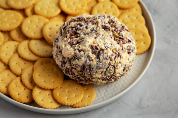 Homemade Cheese Ball with Cream Cheese and Green Onions on a Plate, side view. Close-up.