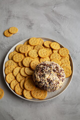 Homemade Cheese Ball with Cream Cheese and Green Onions on a Plate, side view.
