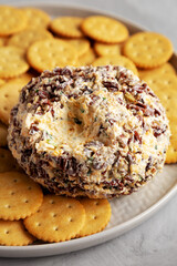 Homemade Cheese Ball with Cream Cheese and Green Onions on a Plate, side view. Close-up.