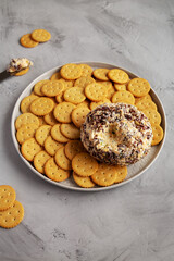 Homemade Cheese Ball with Cream Cheese and Green Onions on a Plate, side view. Close-up.