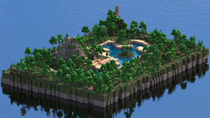 Low Poly island in ocean, Minecraft style in 8K