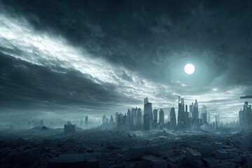 Panorama of dystopian sci-fi city / Digital artwork of futuristic post-apocalyptic sci-fi city ruins under dark sky. - obrazy, fototapety, plakaty
