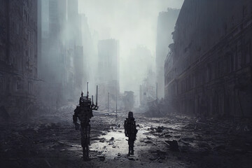 Military robot in the ruined city, destroyed earth, digital painting. Concept apocalypse - obrazy, fototapety, plakaty