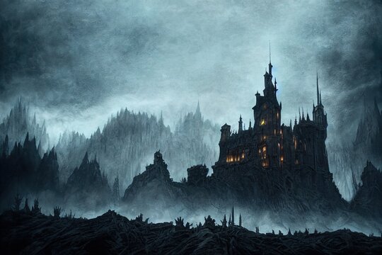 Background for a scary fairy tale background, a dark gothic castle in a dark dead valley with a forest around, some kind of gray place in a gloomy area of a mountainous region