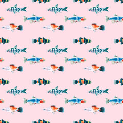 Watercolor pink aquarium fishes seamless pattern illustration, colorful animal, sea, lake clipart, Nautical, ocean drawing, nursery hand-painted fish design, fabric,gift wrap,scrapbooking,wallpaper