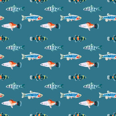 Watercolor blue aquarium fishes seamless pattern illustration, colorful animal, sea, lake clipart, Nautical, ocean drawing, nursery hand-painted fish design, fabric,gift wrap,scrapbooking,wallpaper
