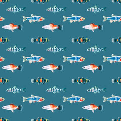 Naklejka premium Watercolor blue aquarium fishes seamless pattern illustration, colorful animal, sea, lake clipart, Nautical, ocean drawing, nursery hand-painted fish design, fabric,gift wrap,scrapbooking,wallpaper