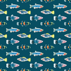 Watercolor blue aquarium fishes seamless pattern illustration, colorful animal, sea, lake clipart, Nautical, ocean drawing, nursery hand-painted fish design, fabric,gift wrap,scrapbooking,wallpaper