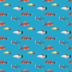 Watercolor blue turquoise aquarium fishes seamless pattern illustration, colorful animal, sea, lake. Nautical, ocean drawing, nursery hand-painted fish design, fabric,gift wrap,scrapbooking,wallpaper