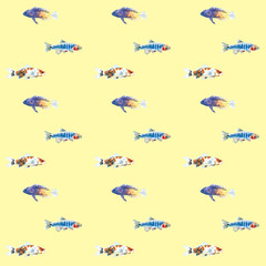 Fototapeta premium Watercolor yellow aquarium fishes seamless pattern illustration, colorful animal, sea, lake clipart, Nautical, ocean drawing, nursery hand-painted fish design, fabric,gift wrap,scrapbooking,wallpaper