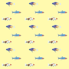 Watercolor yellow aquarium fishes seamless pattern illustration, colorful animal, sea, lake clipart, Nautical, ocean drawing, nursery hand-painted fish design, fabric,gift wrap,scrapbooking,wallpaper