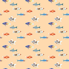 Obraz premium Watercolor yellow aquarium fishes seamless pattern illustration, colorful animal, sea, lake clipart, Nautical, ocean drawing, nursery hand-painted fish design, fabric,gift wrap,scrapbooking,wallpaper