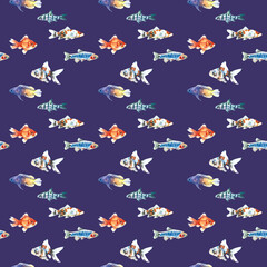 Watercolor violet aquarium fishes seamless pattern illustration, colorful animal, sea, lake clipart, Nautical, ocean drawing, nursery hand-painted fish design, fabric,gift wrap,scrapbooking,wallpaper