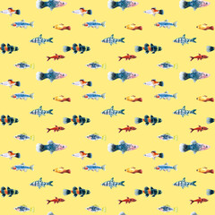 Watercolor yellow aquarium fishes seamless pattern illustration, colorful animal, sea, lake clipart, Nautical, ocean drawing, nursery hand-painted fish design, fabric,gift wrap,scrapbooking,wallpaper
