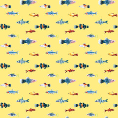 Watercolor yellow aquarium fishes seamless pattern illustration, colorful animal, sea, lake clipart, Nautical, ocean drawing, nursery hand-painted fish design, fabric,gift wrap,scrapbooking,wallpaper