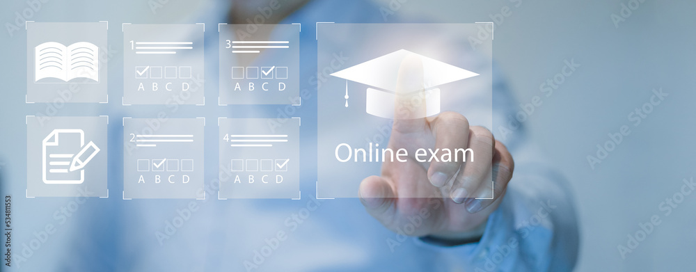 Poster student passing online exam concept, online exam, choose correct answer in test knowledge. e-learnin
