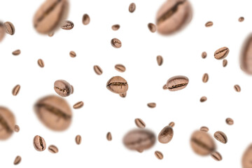 Coffee beans flying background. Black espresso grain falling on white. Rustic coffee bean fall isolated. Represent breakfast, energy, freshness or great aroma concept.