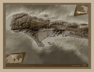 Sud, Haiti. Sepia. Labelled points of cities