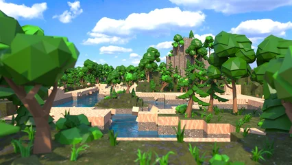 Fototapeten Low-Poly-Insel im Ozean, Minecraft-Stil in 8K © Дима Пучков