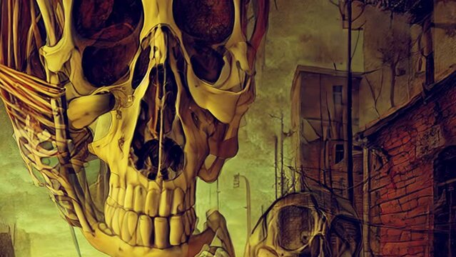Generative AI animation of surreal painting of skulls and skeletons in victorian cityscapes. Digital image painted manipulation Halloween videoloop impressionism style.