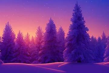 Selbstklebende Fototapeten Winter forest snowy frozen trees snow nature scene on purple violet sky sunset or sunrise vintage scenery landscape background. Merry Christmas fantasy backdrop illustration. © Synthetica