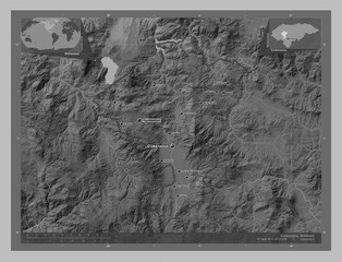 Comayagua, Honduras. Grayscale. Labelled points of cities