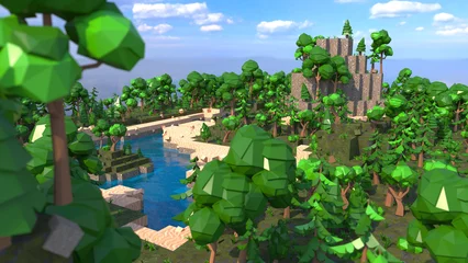 Keuken foto achterwand Minecraft Low Poly-eiland in de oceaan, Minecraft-stijl in 8K