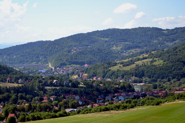 Fototapeta na wymiar Mountain landscape. Silesian Beskids. One of the Beskids mountain ranges in Outer Western Carpathians in southern Silesian Voivodeship, Poland. 