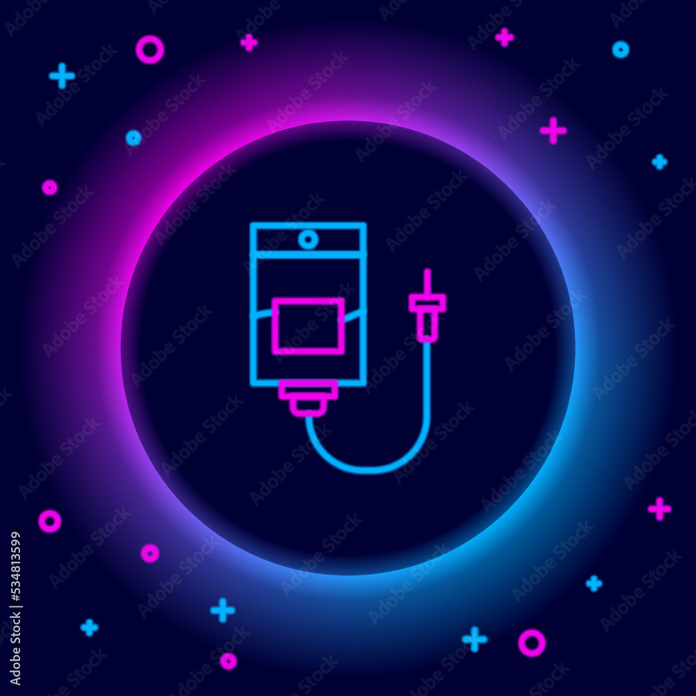 Poster Glowing neon line IV bag icon isolated on black background. Blood bag. Donate blood concept. The concept of treatment and therapy, chemotherapy. Colorful outline concept. Vector