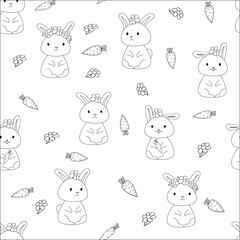Pattern of cute rabbits, with flowers and carrots