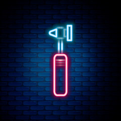 Glowing neon line Medical otoscope tool icon isolated on brick wall background. Medical instrument. Colorful outline concept. Vector