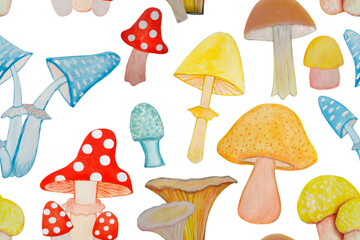 Seamless pattern with various watercolor mushrooms on a transparent background.