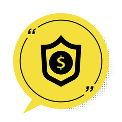 Black Shield with dollar symbol icon isolated on white background. Security shield protection. Money security concept. Yellow speech bubble symbol. Vector