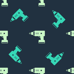Green and beige Electric cordless screwdriver icon isolated seamless pattern on blue background. Electric drill machine. Repair tool. Vector
