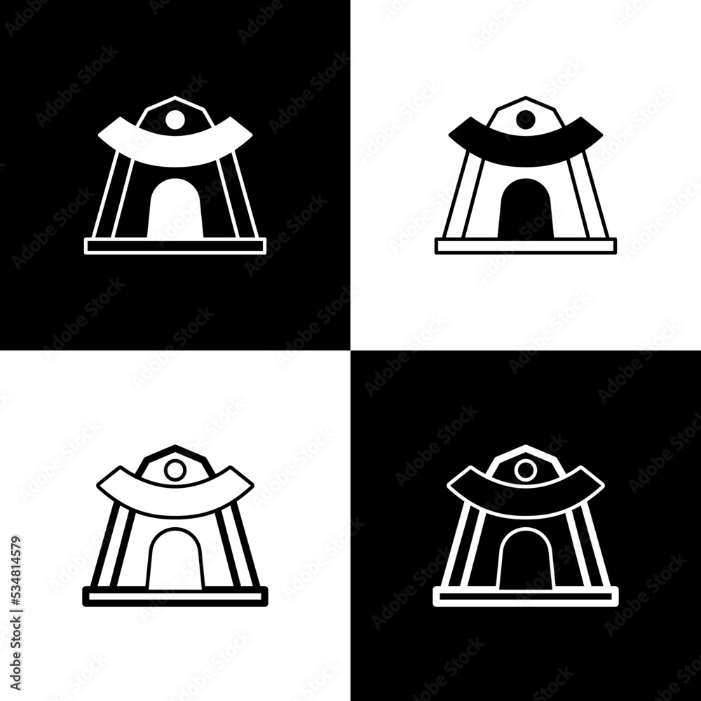 Sticker Set Traditional Korean temple building icon isolated on black and white background. Vector