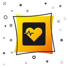 Black Heart rate icon isolated on white background. Heartbeat sign. Heart pulse icon. Cardiogram icon. Yellow square button. Vector