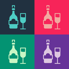 Pop art Champagne bottle with glass icon isolated on color background. Vector